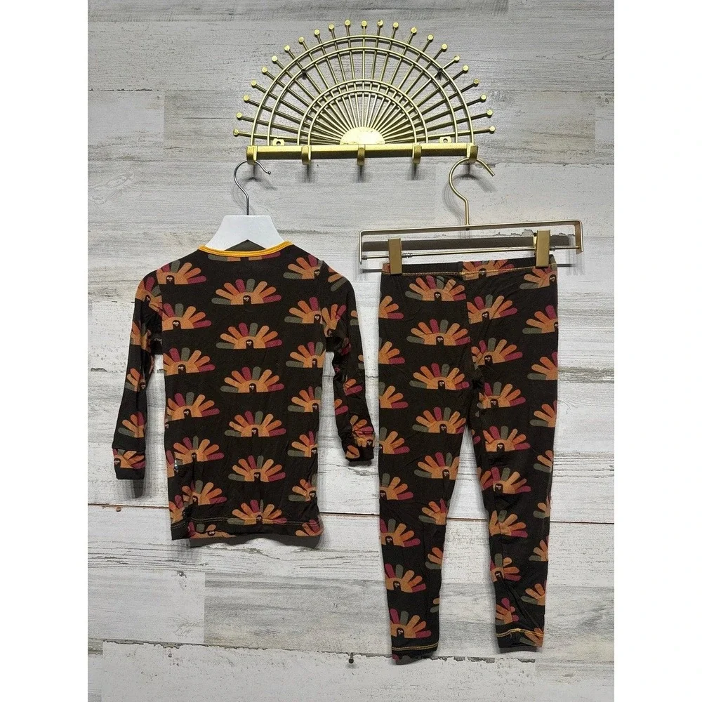 Kickee Pants Pajama Set Kids 4T Brown Turkey Print Bamboo Holiday